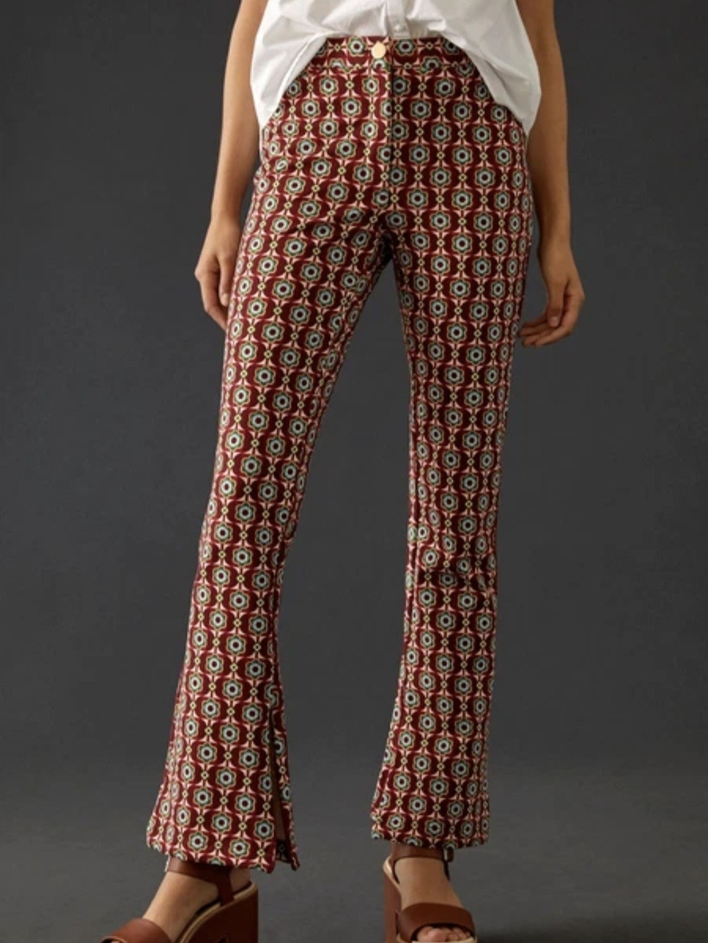 BNWT Maeve Anthropologie Front‑Slit Geometric Pants Brown Motif 8 Boho Retro